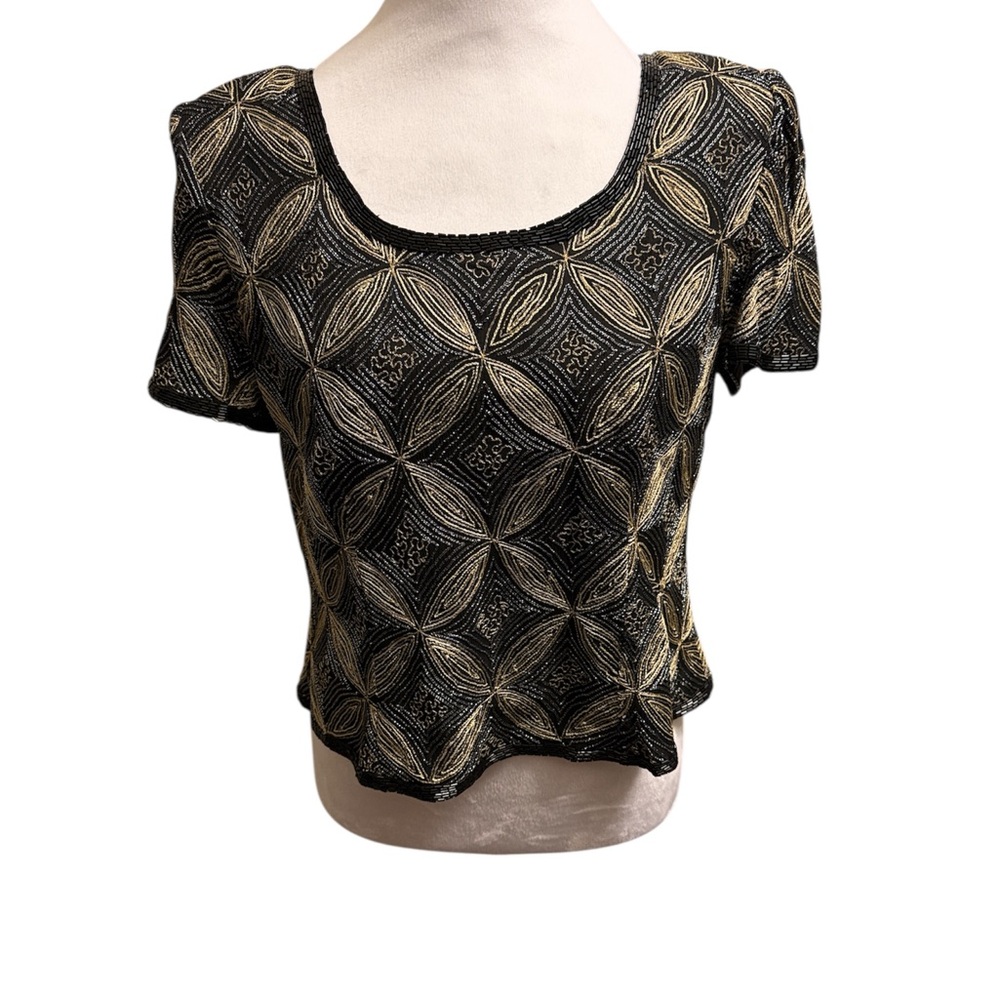 Papell Boutique Black and Gold vintage 80s 90s embellished  silk Crop Top